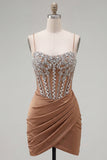 Sparkly Khaki Corset Short Cocktail Dress with Rhinestones