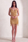 Sparkly Golden Fringed Sequin Spaghetti Straps Short Cocktail Dress