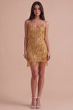 Sparkly Golden Fringed Sequin Spaghetti Straps Short Cocktail Dress