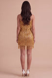 Sparkly Golden Fringed Sequin Spaghetti Straps Short Cocktail Dress