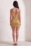 Sparkly Golden Fringed Sequin Spaghetti Straps Short Cocktail Dress