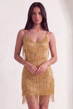 Sparkly Golden Fringed Sequin Spaghetti Straps Short Cocktail Dress