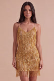 Sparkly Golden Fringed Sequin Spaghetti Straps Short Cocktail Dress