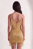 Sparkly Golden Fringed Sequin Spaghetti Straps Short Cocktail Dress