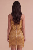 Sparkly Golden Fringed Sequin Spaghetti Straps Short Cocktail Dress