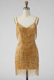 Sparkly Golden Fringed Sequin Spaghetti Straps Short Cocktail Dress