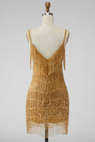 Sparkly Golden Fringed Sequin Spaghetti Straps Short Cocktail Dress