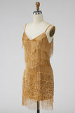 Sparkly Golden Fringed Sequin Spaghetti Straps Short Cocktail Dress