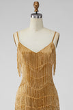 Sparkly Golden Fringed Sequin Spaghetti Straps Short Cocktail Dress