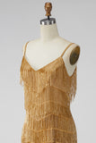 Sparkly Golden Fringed Sequin Spaghetti Straps Short Cocktail Dress