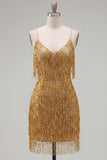 Sparkly Golden Fringed Sequin Spaghetti Straps Short Cocktail Dress