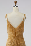 Sparkly Golden Fringed Sequin Spaghetti Straps Short Cocktail Dress