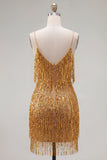 Sparkly Golden Fringed Sequin Spaghetti Straps Short Cocktail Dress