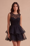 Black A Line Round Neck Ruffled Short Cocktail Dress