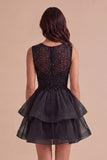 Black A Line Round Neck Ruffled Short Cocktail Dress