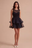 Black A Line Round Neck Ruffled Short Cocktail Dress