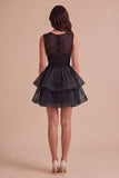 Black A Line Round Neck Ruffled Short Cocktail Dress