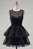 Black A Line Round Neck Ruffled Short Cocktail Dress
