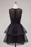Black A Line Round Neck Ruffled Short Cocktail Dress