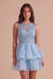 Black A Line Round Neck Ruffled Short Cocktail Dress