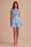 Black A Line Round Neck Ruffled Short Cocktail Dress