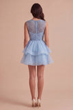 Black A Line Round Neck Ruffled Short Cocktail Dress