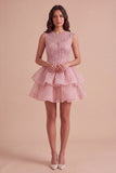 Black A Line Round Neck Ruffled Short Cocktail Dress