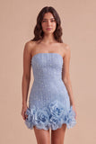 Sparkly Blue Bodycon Strapless Beaded Short Cocktail Dress with 3D Flower