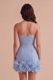 Sparkly Blue Bodycon Strapless Beaded Short Cocktail Dress with 3D Flower