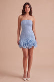 Sparkly Blue Bodycon Strapless Beaded Short Cocktail Dress with 3D Flower