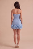 Sparkly Blue Bodycon Strapless Beaded Short Cocktail Dress with 3D Flower