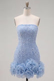 Sparkly Blue Bodycon Strapless Beaded Short Cocktail Dress with 3D Flower