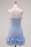 Sparkly Blue Bodycon Strapless Beaded Short Cocktail Dress with 3D Flower