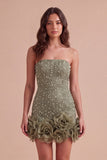 Sparkly Blue Bodycon Strapless Beaded Short Cocktail Dress with 3D Flower
