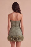 Sparkly Blue Bodycon Strapless Beaded Short Cocktail Dress with 3D Flower