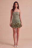 Sparkly Blue Bodycon Strapless Beaded Short Cocktail Dress with 3D Flower
