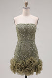 Sparkly Blue Bodycon Strapless Beaded Short Cocktail Dress with 3D Flower