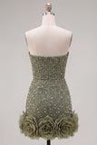 Sparkly Blue Bodycon Strapless Beaded Short Cocktail Dress with 3D Flower
