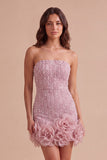Sparkly Blue Bodycon Strapless Beaded Short Cocktail Dress with 3D Flower