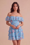 Floral Blue Ruffled Off the Shoulder Short Cocktail Dress