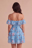 Floral Blue Ruffled Off the Shoulder Short Cocktail Dress