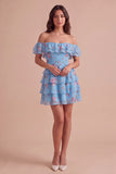 Floral Blue Ruffled Off the Shoulder Short Cocktail Dress