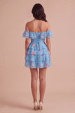Floral Blue Ruffled Off the Shoulder Short Cocktail Dress