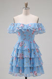 Floral Blue Ruffled Off the Shoulder Short Cocktail Dress