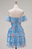 Floral Blue Ruffled Off the Shoulder Short Cocktail Dress