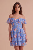 Floral Blue Ruffled Off the Shoulder Short Cocktail Dress