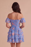 Floral Blue Ruffled Off the Shoulder Short Cocktail Dress