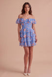 Floral Blue Ruffled Off the Shoulder Short Cocktail Dress