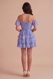 Floral Blue Ruffled Off the Shoulder Short Cocktail Dress