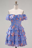 Floral Blue Ruffled Off the Shoulder Short Cocktail Dress